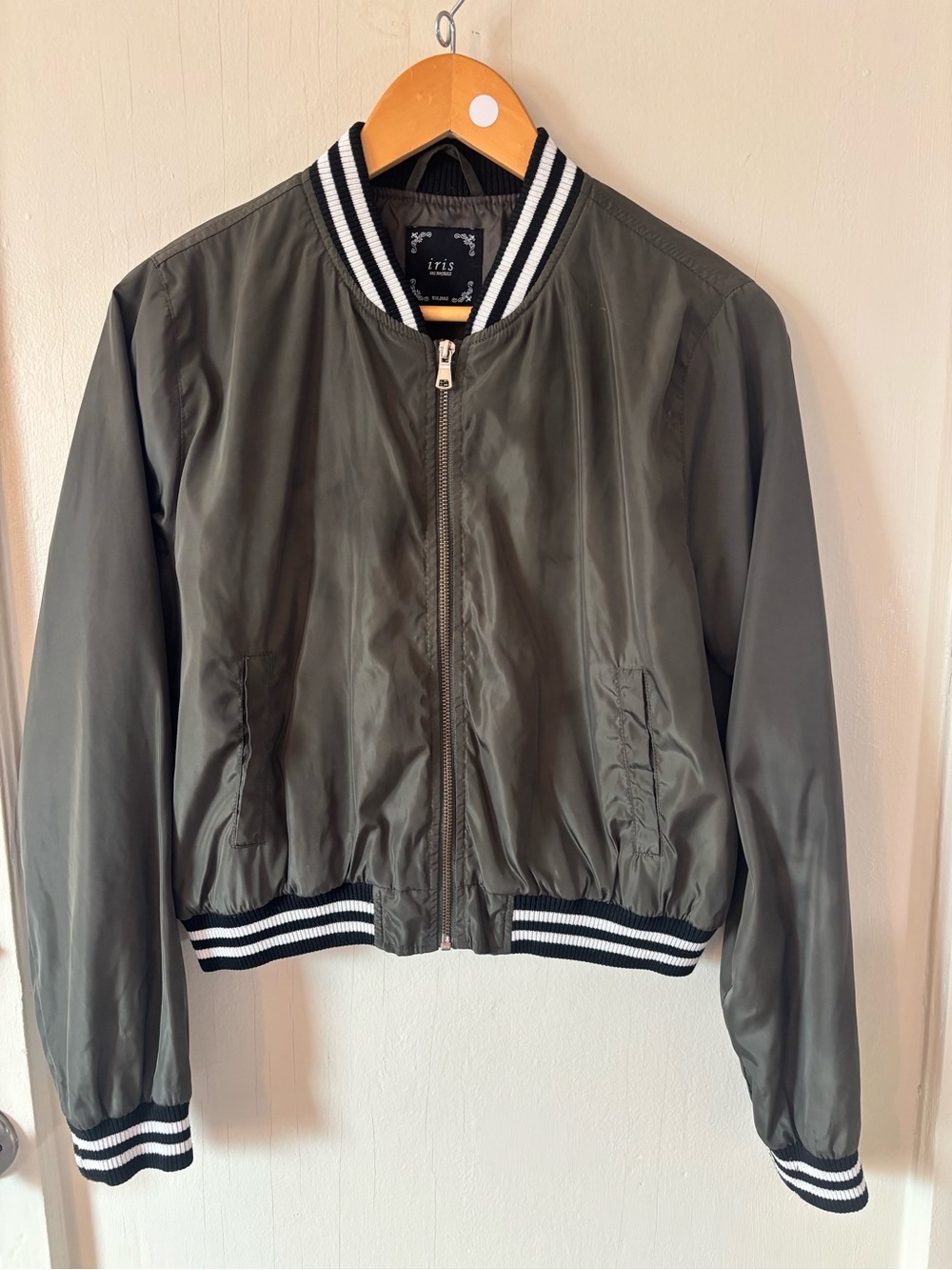 iris Olive Green Bomber Jacket with Black & White Striped Trim